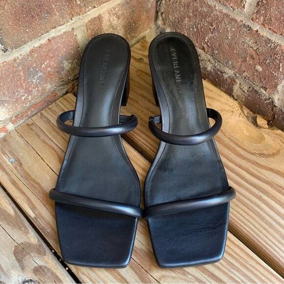 Everlane Shoes Double Strap Heel in Black Leather Minimalist Neutral Womens 9.5 - Picture 7 of 12